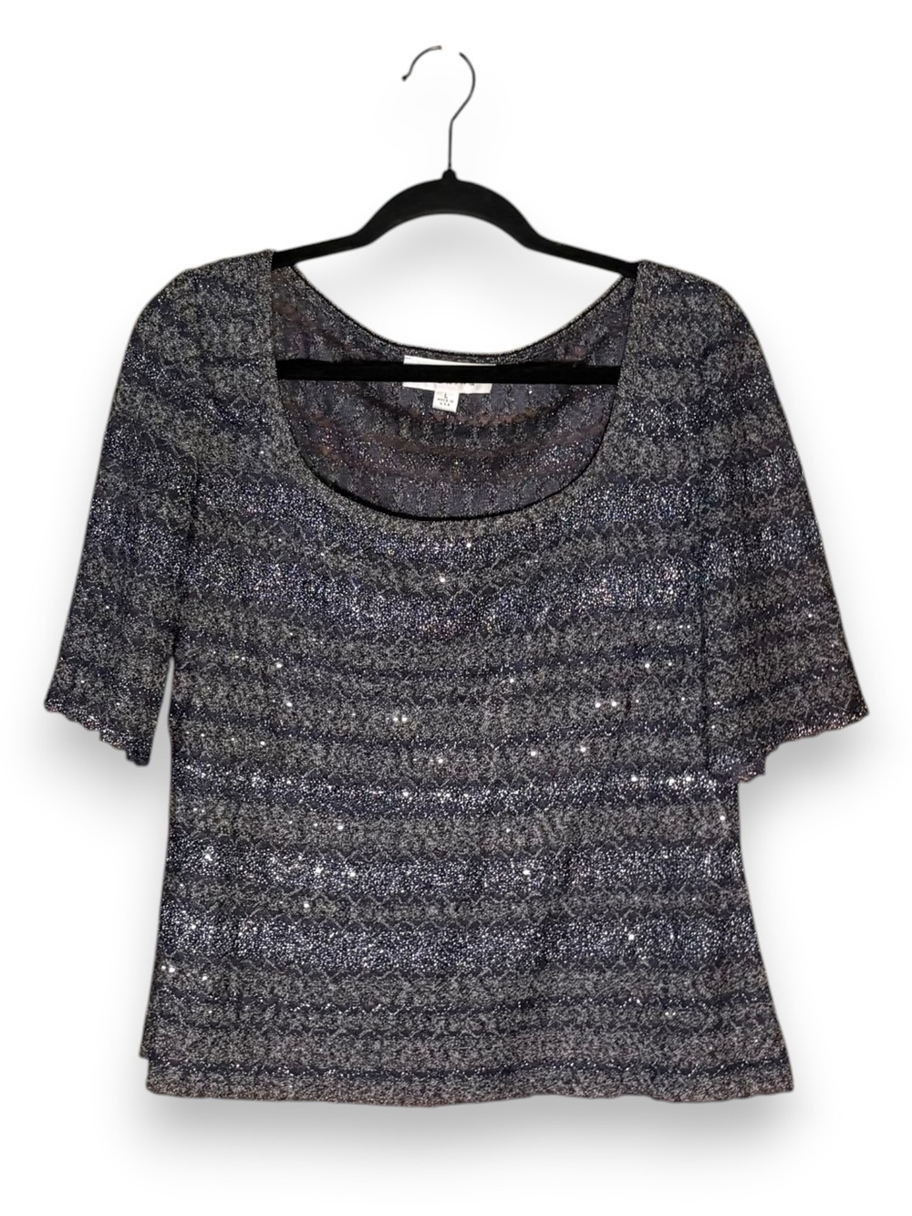 St. John Evening Scoop Neck Top Blue Gray Sequins Sheer Size Large Modest Formal